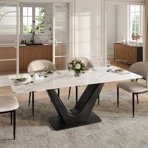 Bàn ăn hiện đại hình chữ nhật 71 inch dành cho 6 người, mặt bàn đá sintered trắng bóng, chân kim loại, dùng cho nhà ở & nhà hàng - Product Image 2