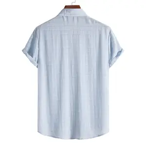 Chemise à revers en tissu pour homme, couleur unie, texture spéciale, treillis, manches courtes, Vintage, boutons, 2022
