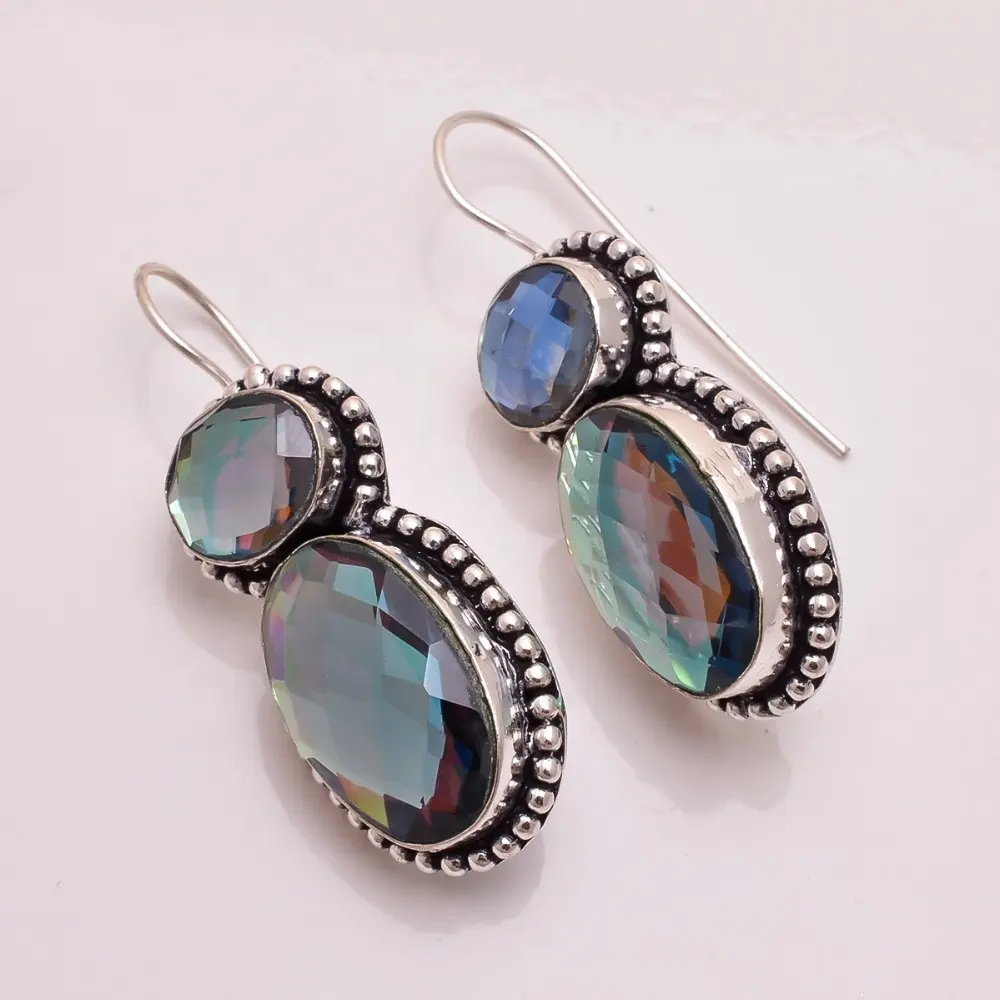 Lovely Design Mystic Topaz Quartz Gemstone, Sterling Silver Plated Earrings Handmade Women's Jewelry