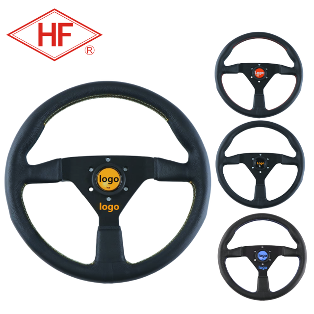 Golf Cart Forklift Gaming Racing Universal 14 Inch 350mm Black Yellow Red Blue Grip Black Stitch Leather Street Steering Wheel