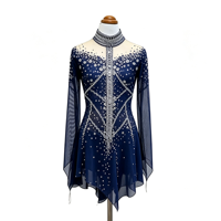 Robe de patinage artistique bleu marine à strass, col montant, dos évidé, manches longues, en maille, pour compétition de patinage sur glace, personnalisable