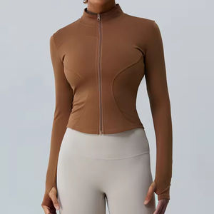 Fabricant de vêtements fitness, yoga, col montant, fermeture éclair complète, veste de course coupe ajustée pour femmes - Product Image 1
