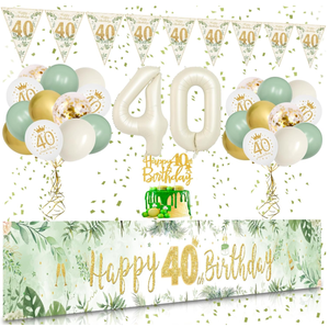 Décorations <span class=keywords><strong>de</strong></span> fête d'<span class=keywords><strong>anniversaire</strong></span> 40-70 ans vert sauge et blanc : Bannières, drapeaux, <span class=keywords><strong>chemin</strong></span> <span class=keywords><strong>de</strong></span> <span class=keywords><strong>table</strong></span>, ballons en aluminium 0-9, ballons imprimés, décorations <span class=keywords><strong>de</strong></span> gâteau - Product Image 1