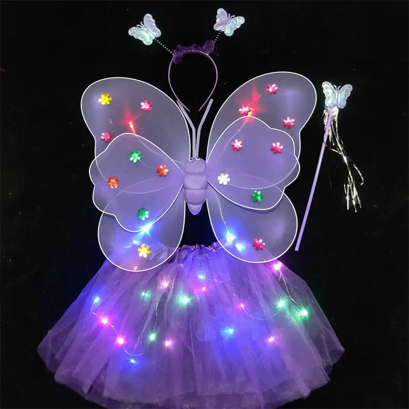 LED Light UP Schmetterlings flügel mit Tutu Rock Mädchen Schmetterling Engels flügel Kostüm Set Bühnen Requisiten Leuchtende Feen flügel