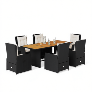 Ensemble de salle à manger de jardin en rotin blanc crème et noir, 6 places, mobilier d'extérieur résistant aux intempéries, design contemporain, plateau en teck - Product Image 1