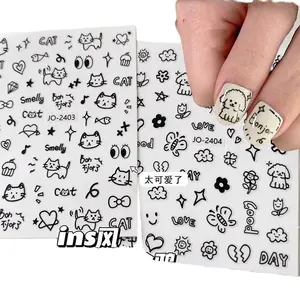 2024 yeni sevimli köpek kedi çiçek kelebek kalp graffiti 3d kendinden yapışkanlı tırnak sticker