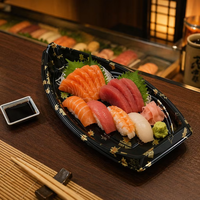 Plateau à sushi jetable noir en PS en forme de bateau avec couvercle transparent anti-buée, empilable, pour vente en gros, conteneur japonais pour sushi à emporter
