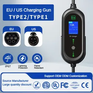 Type 2 11kw 3 Phase 380v 16a Leak Protection Fast Portable Ev Charger Electric Car Charging Station With Display Screen