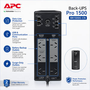 <span class=keywords><strong>APC</strong></span> <span class=keywords><strong>Back</strong></span> <span class=keywords><strong>UPS</strong></span> Pro BR1500G CN 1500VA 865W AVR à onde sinusoïdale pure haute capacité pour poste de travail PC haut de gamme et moniteurs multiples - Product Image 3