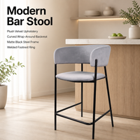 Tabouret de bar commercial 75 cm avec assise rembourrée en tissu gris, dossier de soutien et base en acier pour café et comptoir