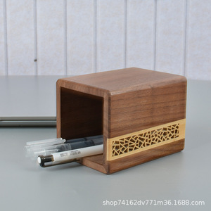Wooden Desk Organizer Square <b>Pen</b> Holder With Geometric Inlay For Office Stationery Storage - Product Image 3