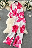 Ensemble chemise à manches longues à imprimé floral élégant et pantalon large à taille haute pour femmes, printemps-été