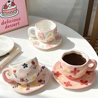 Ensemble tasse à café et soucoupe en céramique peintes à la main, style minimaliste, motif floral, emballage en boîte colorée, cadeau pour la maison