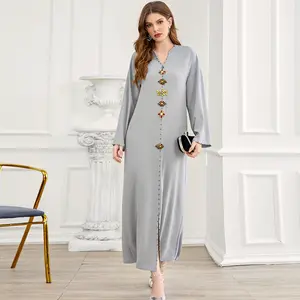 Concise Neckline Drilled Slim Robe Abaya New Designs Beads Temperament Women Kurti Urban Leisure Middle East Abaya Dubai Islam