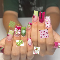 24 faux ongles à presser, forme amande, motifs coccinelle, abeille, kiwi, fruit du dragon, avec gelée et lime à ongles, vente en gros et dropshipping