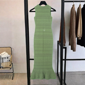 Odm không tay Crew Neck pointelle dài ăn mặc Rỗng ra cao Eo Phong Cách Crochet dây mỏng mùa hè dệt kim áo len Dresses - Product Image 1
