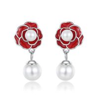 Boucles d'oreilles tendance en forme de fleur de camélia pour femme, imitation perles, incrustation de coquillages, plaqué argent rhodié, pierre principale en nacre, ne se décolore pas