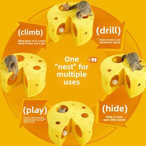 Wholesale Felt Cheese Shaped <strong>Cat</strong> Bed, Multi-hole Play Tunnel <strong>Cat</strong> <strong>Hideaway</strong>, Breathable Indoor <strong>Cat</strong> Sleeping House with Toy Ball - Product Image 2