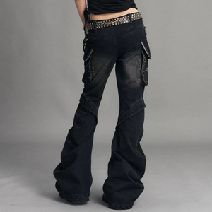 Vaqueros Góticos Y2K para Hombre con Lavado Degradado, Tachuelas, Desgastados, Rectos, Acampanados, con Múltiples Agujeros Grandes, Estilo Bootcut, de Mezclilla, con Efecto de Limpieza de Suelo - Product Image 6