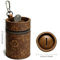 Porte-monnaie miniature cylindrique en cuir véritable embossé, en cuir de vachette durable, marron, avec porte-clés et pochette zippée, idéal pour les cadeaux