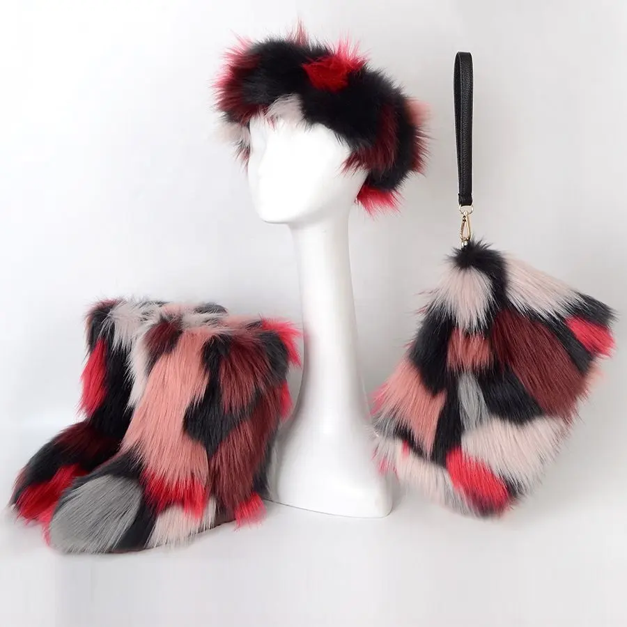 Nhà Máy 2022 Chúng Tôi EUR Thời Trang Fur Boots Headbands Purse Phù Hợp Với Bộ Phụ Nữ Bé Trẻ Em Mùa Đông Ấm Tuyết Faux Fur Boots Set