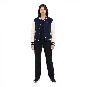 Chaqueta Varsity de Mujer con Bloques de Color, Poliéster y Lana, Cierre de Botones a Presión, Cuello Alto, Manga Larga, Estilo Urbano, Secado Rápido - Product Image 1