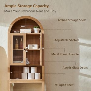 Gabinete de Baño SENYU de Madera Maciza con Parte Superior Arqueada, Estantes Ajustables y Puertas de Vidrio para Almacenamiento en el Baño - Product Image 4