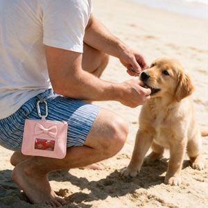 Vintage <b>Bow</b> Dog Poop Bag <b>Holder</b> Outdoor Portable PU Leather Dog Waste Bag Dispenser Zipered Pouch with Carabiner Clip - Product Image 2