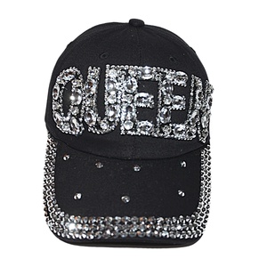 Black Letter Queen Custom Logo 5-Panel Sporty <b>Baseball</b> <b>Cap</b> with Shiny Rhinestone Bling Jeans Wash Denim Light - Product Image 6