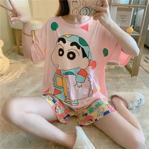 女性用パジャマセットミルクシルクシャツとショーツ2ピースセット女性用パジャマ韓国風漫画パジャマ