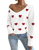Valentine Sequin Coeur Broderie Tricot Col V Manches Longues Épaule tombante Doux Pull Pull Femmes
