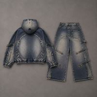 Ensemble sweat à capuche zippé et pantalon en jean délavé vintage pour homme – Ensemble streetwear baggy déchiré en jean épais style workwear