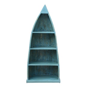 Boat-Shaped Wooden Display Shelf <b>Unit</b> | Distressed Blue Open Storage Rack | Nautical Style <b>Corner</b> Shelf for Living Room & Home - Product Image 4