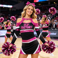 Tenue de cheerleading Y2K Coquette rose et noire avec strass, manches longues, épaules dénudées, empiècements en maille, tenue de compétition scintillante