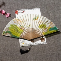 Éventail pliant en bambou fait main, motif paysage chinois classique à l'encre, doublure en soie, portable, cadeau décoratif