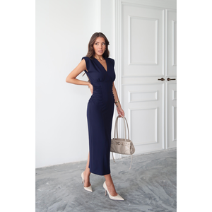 Elegante Vestido Azul Marino con Cuello en V y Detalles de Fruncido Lateral, Largo Midi, Talla S - Product Image 3