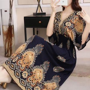 Women Summer New Vintage Floral Print <strong>Dresses</strong> V-neck <strong>Elastic</strong> Waist Short Sleeve Vacation Style Fashion Long <strong>Dress</strong> - Product Image 6