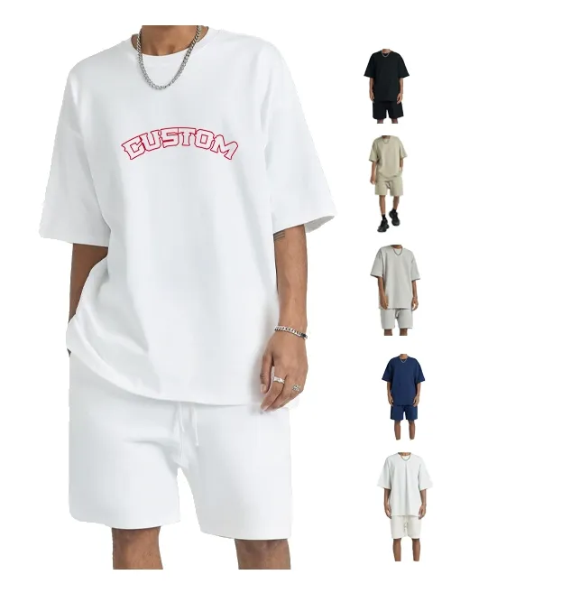 Conjunto de camisa e shorts masculino de algodão tecido pesado conjuntos curtos de camisetas personalizadas de algodão