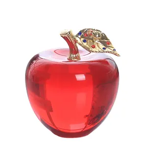 80mm Crystal glass apple with golden metal leave of clear red blue pink color for home/wedding/christmas decoration