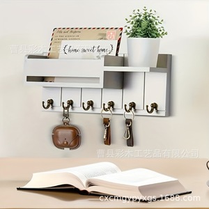 Wooden Wall Mounted Key Rack With <b>Hooks</b> And Shelves Farmhouse Style Entryway Kitchen Living Room Storage Organizer - Product Image 1
