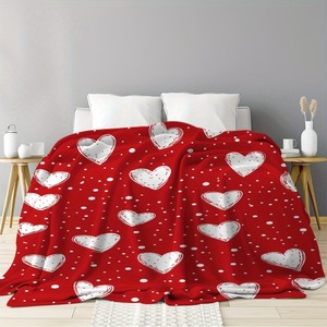 Plaid en flanelle à motif de cœurs rouges, rectangulaire, confortable et chaud pour la maison, utilisation hivernale, style simple, design imprimé - Product Image 2