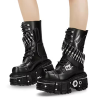 Bottes de Combat Plateforme Gothiques Punk - Bottes en Cuir Steampunk Heavy Metal avec Chaîne Balle et Motif Flamme pour Hommes et Femmes