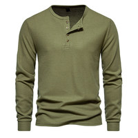Chemise décontractée à manches longues pour homme, col Henley en tricot gaufré, 4 boutons, col roulé, coupe ajustée, respirante, écologique, pour le quotidien