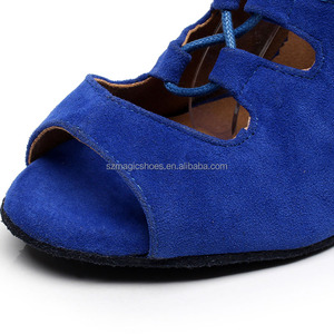 Scarpe da ballo latino da <span class=keywords><strong>donna</strong></span> <span class=keywords><strong>blu</strong></span> Peep Toe personalizzate con lacci 8.5CM stivali da ballo morbidi Sole - Product Image 6
