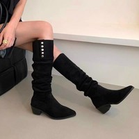 Bottes hautes souples pour femmes, à bout pointu, talon carré, en daim, avec œillets et clous, style western, 3 couleurs.