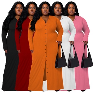 Robes Longues Décontractées pour Femmes Grande Taille Automne Hiver 2025 – Robe Maxi Côtelée à Col en V et Boutonnage Simple - Product Image 1