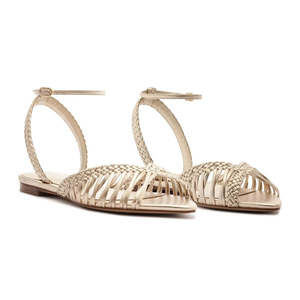 Fashion Ladies Beige Pu Woven Ankle Strap <b>Pointed</b> <b>Toe</b> <b>Flat</b> Sandals Women's Summer Low <b>Flat</b> Feet Sandals - Product Image 1