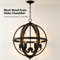 Lustre Globe Noir Effet Bois avec Anneau Lumineux Style Ferme et Ampoules Chandelles pour Salon, Salle à Manger, Chambre