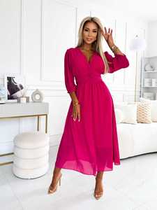 Robe longue en mousseline unie à col en V sexy pour femme, élégante, taille haute, ajustée, pour soirée, printemps, automne, manches 3/4, coupe trapèze, style bohème - Product Image 4