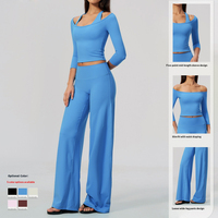 SHINBENE Atasan Yoga Tanpa Lengan Setengah Bahu Celana Fitness Lebar Longgar 2pcs Set Pakaian Olahraga Kasual Model Drape